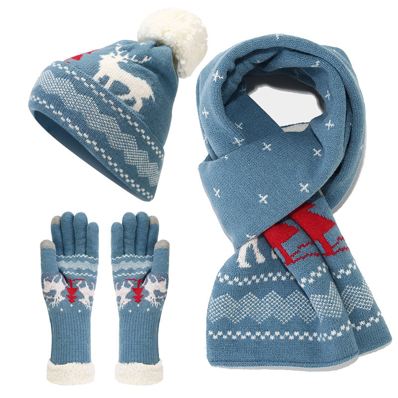 Unisex Christmas Warm Hat Gloves Scarf Knitted Elk Set