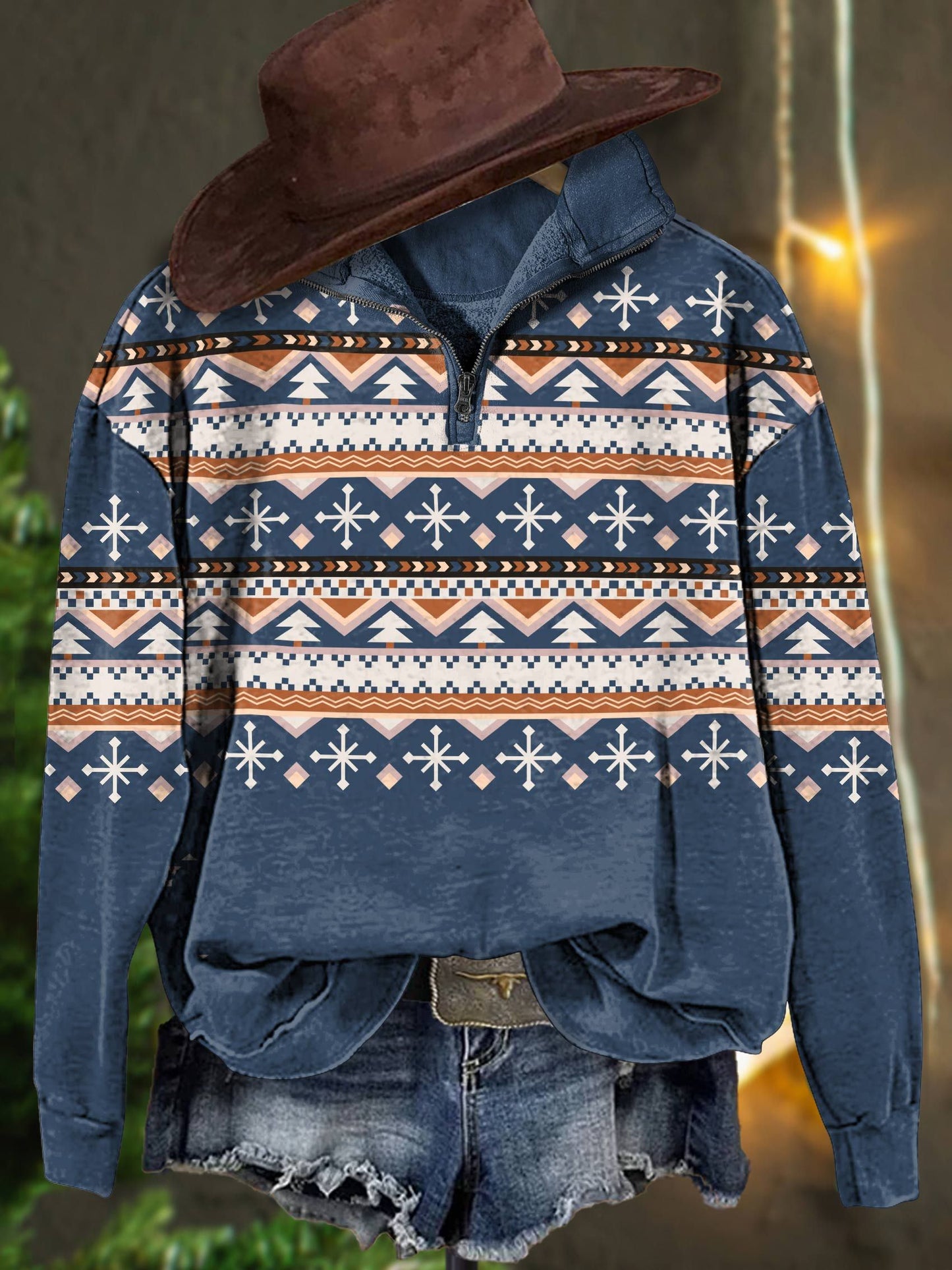 Christmas Snowflake Print Casual Long Sleeve Zip Sweatshirt