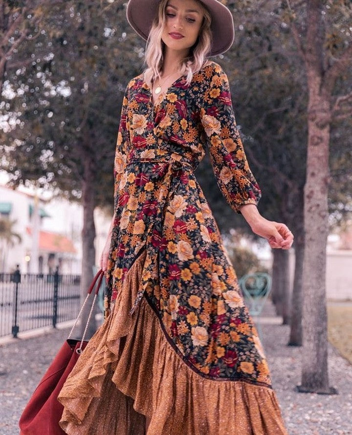 Bohemian Style Long Sleeve V-neck Floral Elegant Stitching Irregular Hem Dress