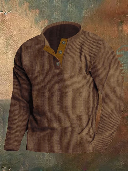 Solid Corduroy Stitching Button Up Round Neck Sweatshirt