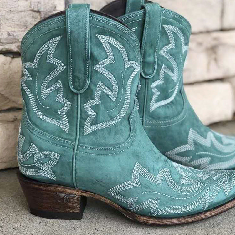 Women's Vintage Embroidered Block Heel Short Western Boots