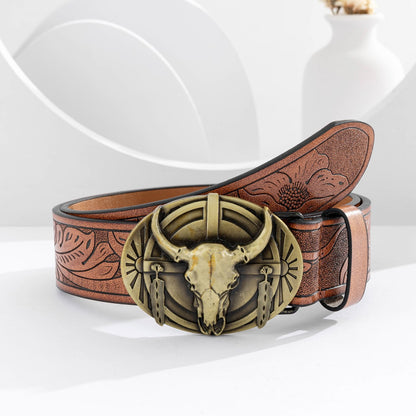 Men's Retro Western Longhorn Metal Buckle Wear-Resistant Genuine Leather Jeans Belt