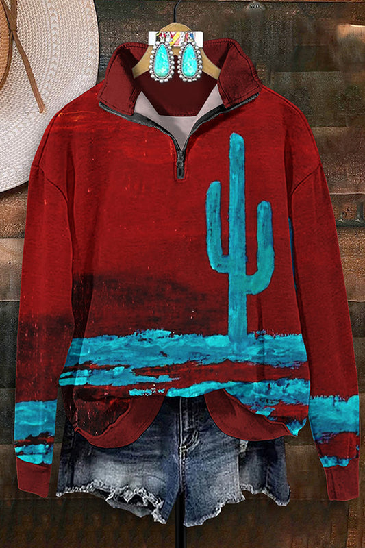 Vintage Western Cactus Print Zip-Up Sweatshirt