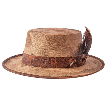 Palmetto - Distressed Straw Boater Hat - Leather Hat Band