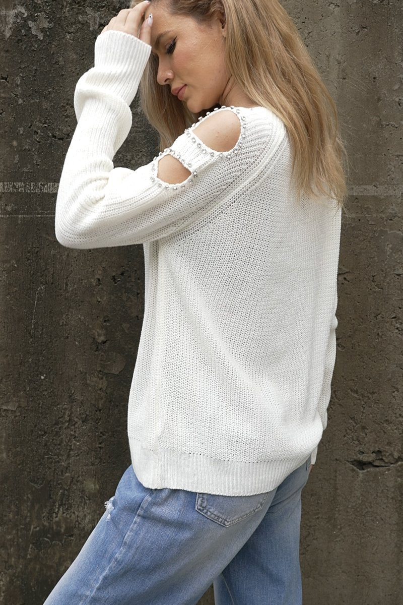 Women's knitted off-shoulder beaded sweater