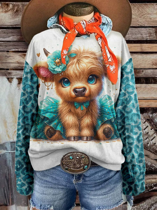 Women's Cute Highland Cow Casual Print Corduroy Sweatshirt