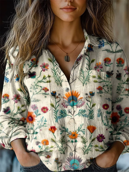 Women's Vintage Floral Print Casual Long Sleeve Comfortable Cotton Shirt