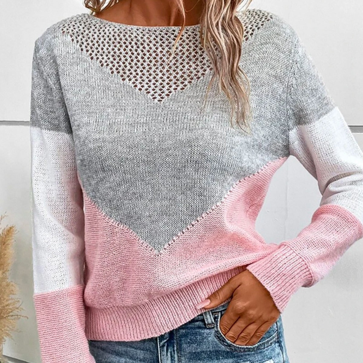 Sweater Autumn And Winter Contrast Color Round Neck Pullover Stitching Hollow Slim Long Sleeve Thin Knitted Tops For Wom