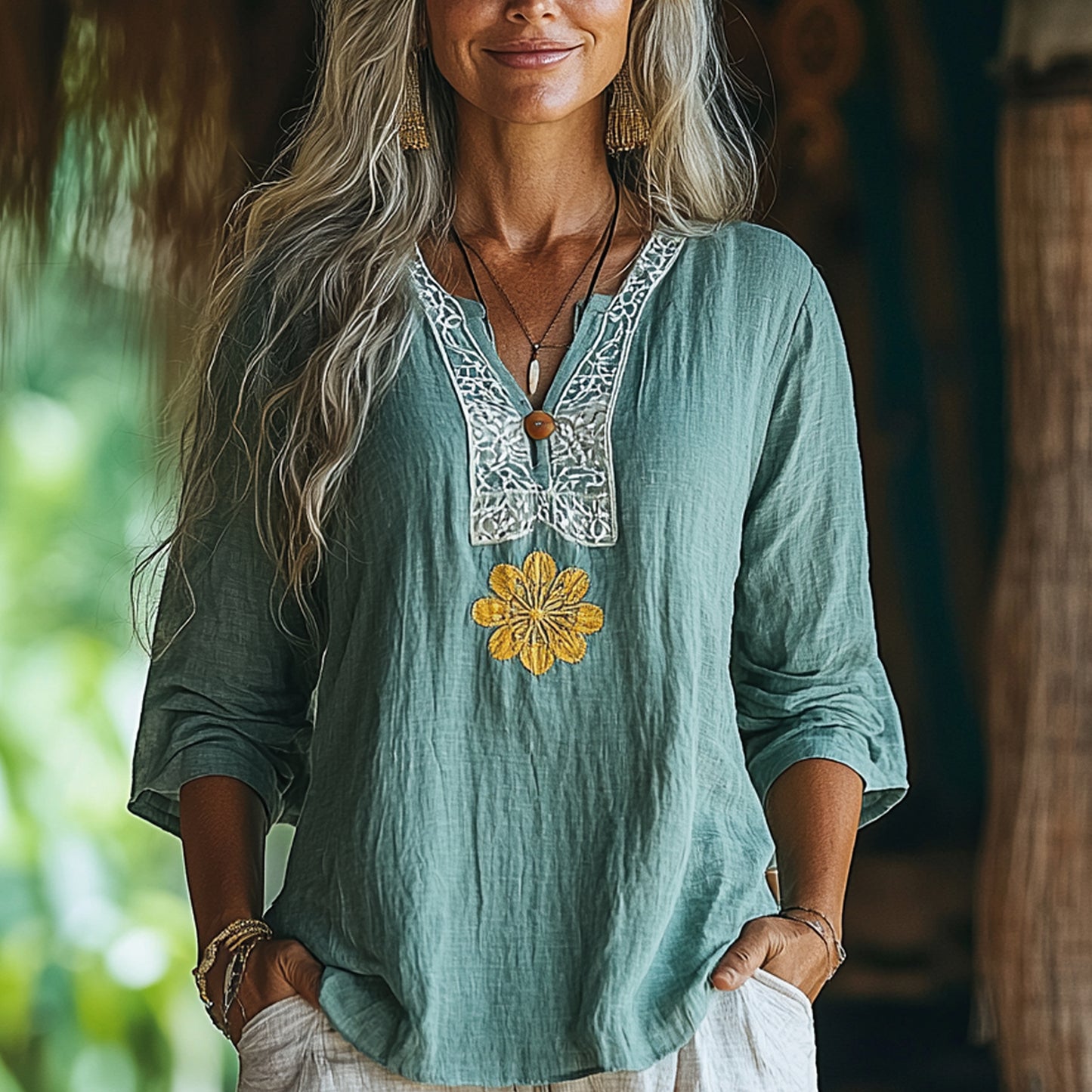 Womens Linen Bohemian Floral Western Shirt