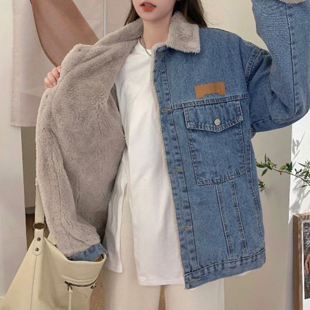 Thickened Fleece Denim Jacket Loose Lambswool