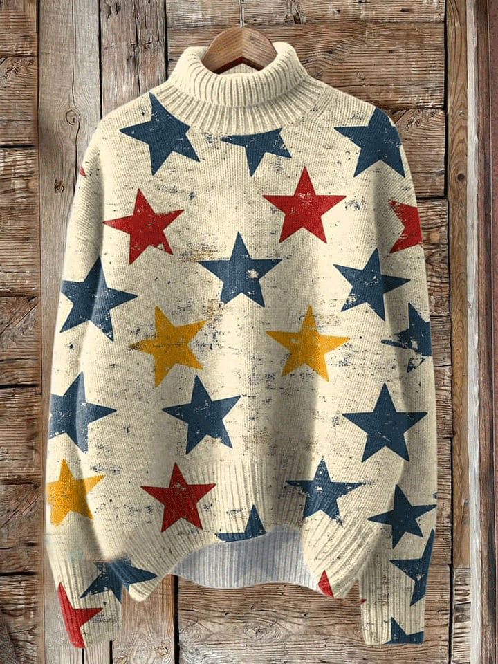 Vintage Print Knit Turtleneck Pullover Sweater