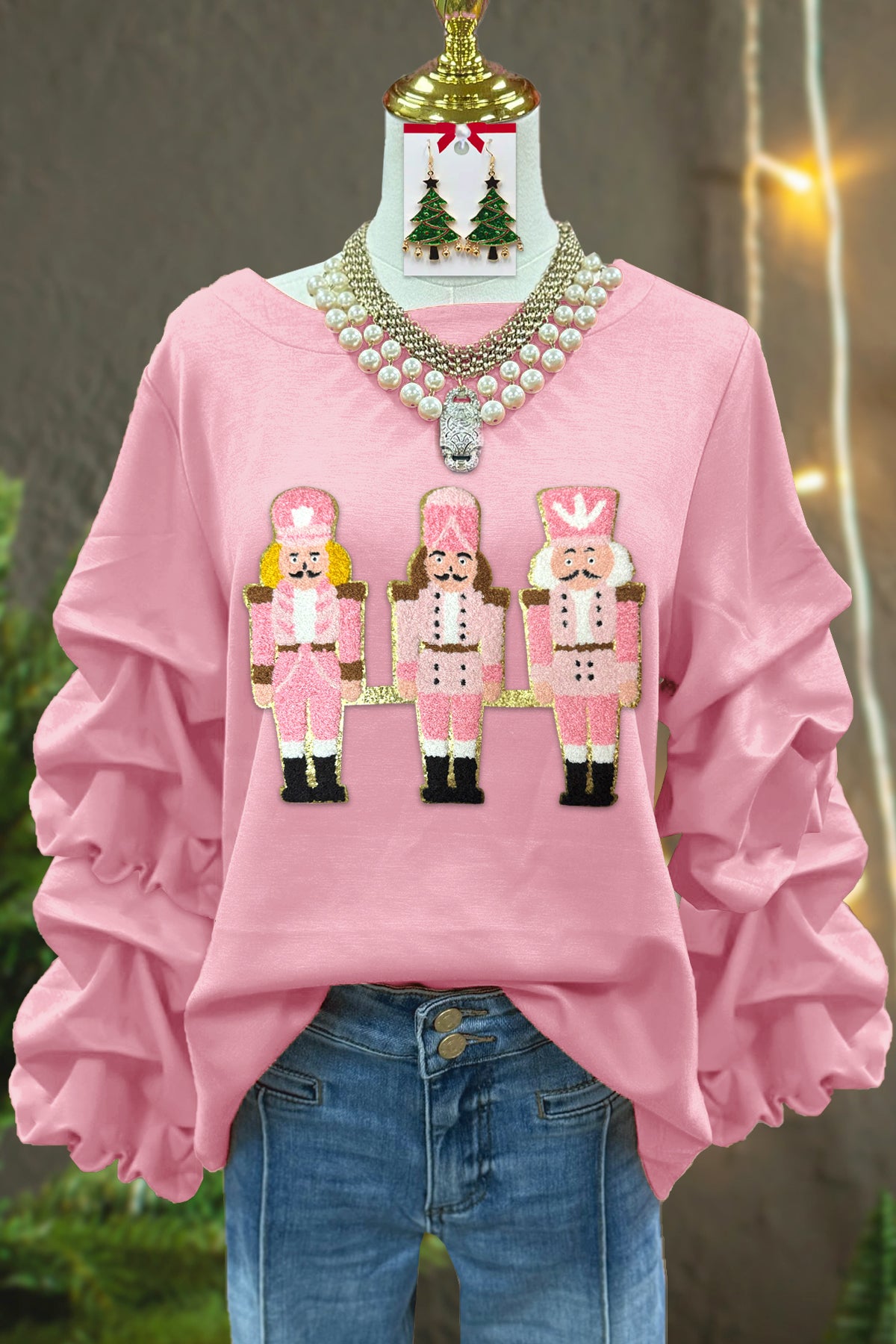 Classic Christmas Nutcracker Embroidered Pleated Sweatshirt