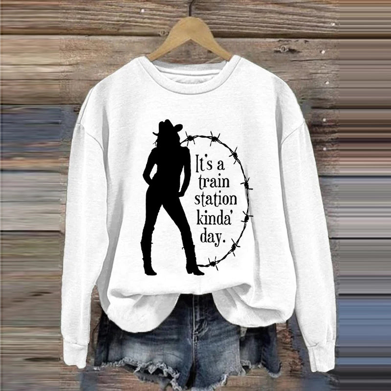 Women'S Could Be A Train Station Kinda Day Print Casual Sweatshirt