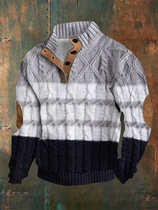 Men's Casual Cable Color Block Stand Collar Pullover