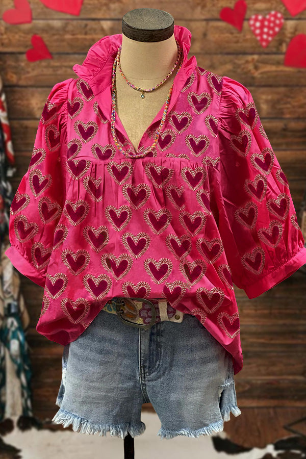 Ruffle V-neck Heart Print Blouse