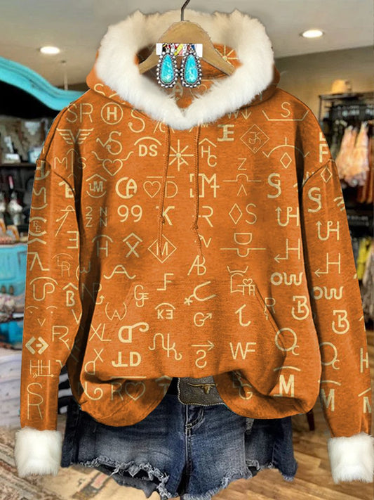 Orange Vintage Cattle Branding Print Imitation Rabbit Fur Trim Casual Hoodie Sweatshirt