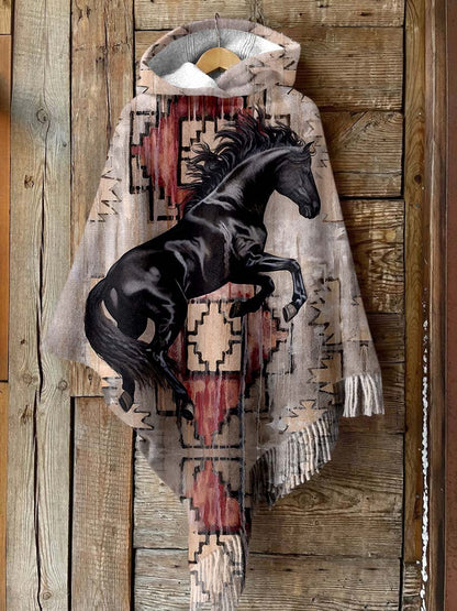 Women's Horse Art Print Casual Knitted Blanket Poncho Hood Cape