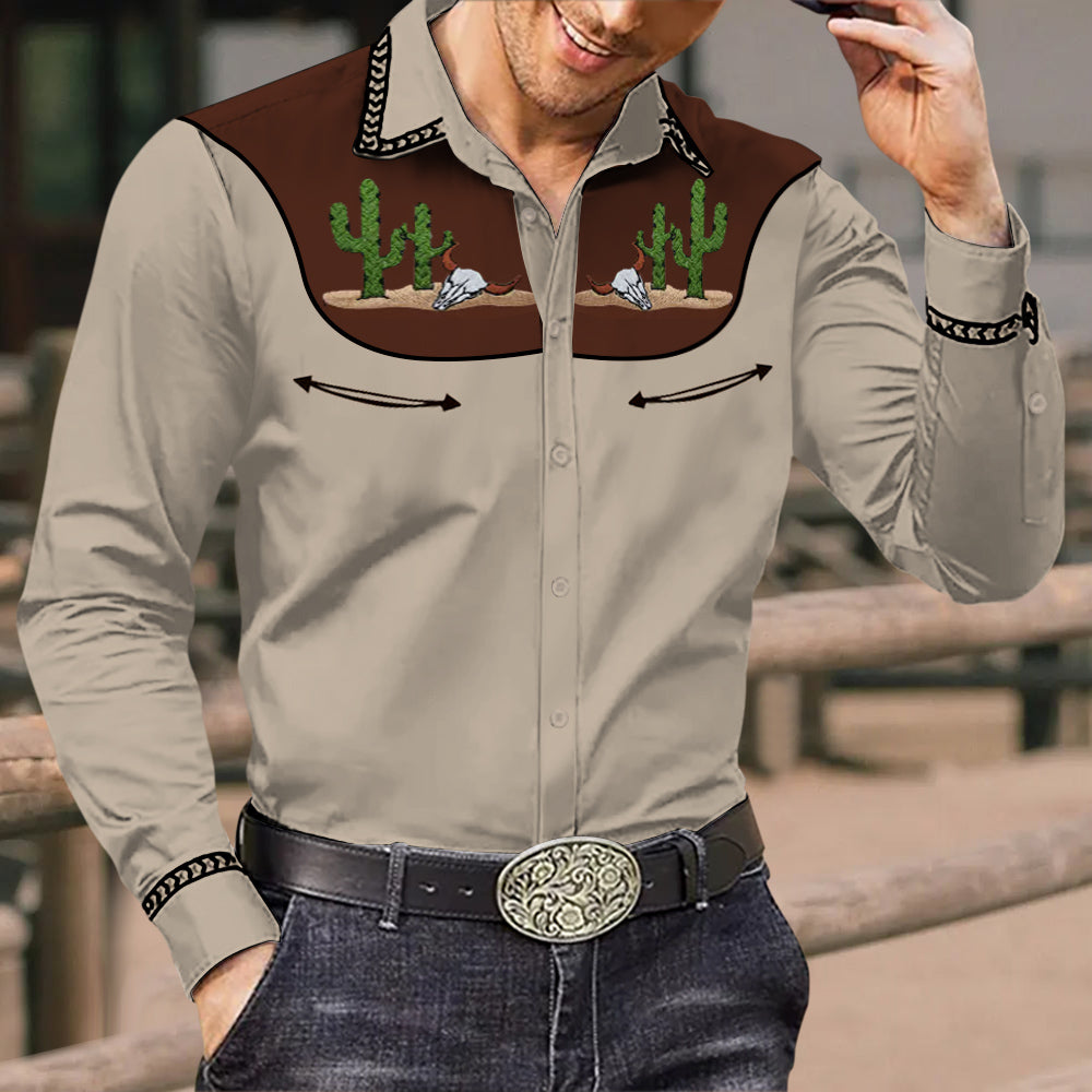 Men's Vintage Western Cowboy Cactus Cow Skull Print Long Sleeve Shirt