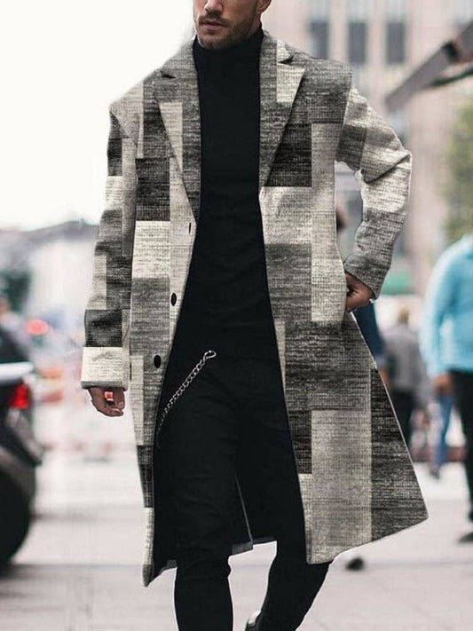 Men's Vintage Printed Button Lapel Printed Long Woolen Jacket