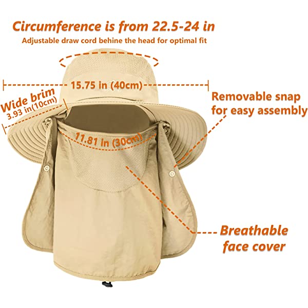 UPF 50+ Sun Fishing Hat for Men Women Wide Brim Hat with Detachable Face Cover & Neck Flap Khaki