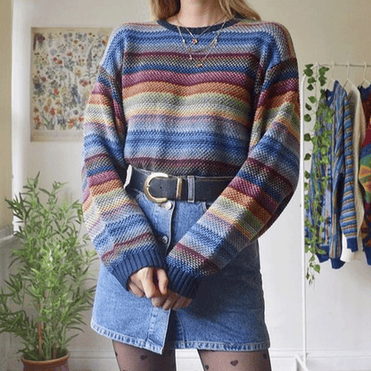 Women's Rainbow Print Round Neck Oversize Blue Sweatshirt