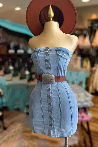 Vintage Washed Strapless Denim Button Dress-0520