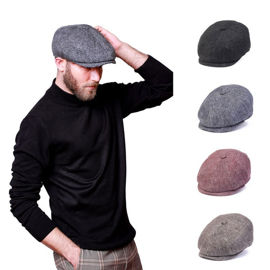 Herringbone Wool 8 Panels Newsboy Cap, PEAKED  Hat