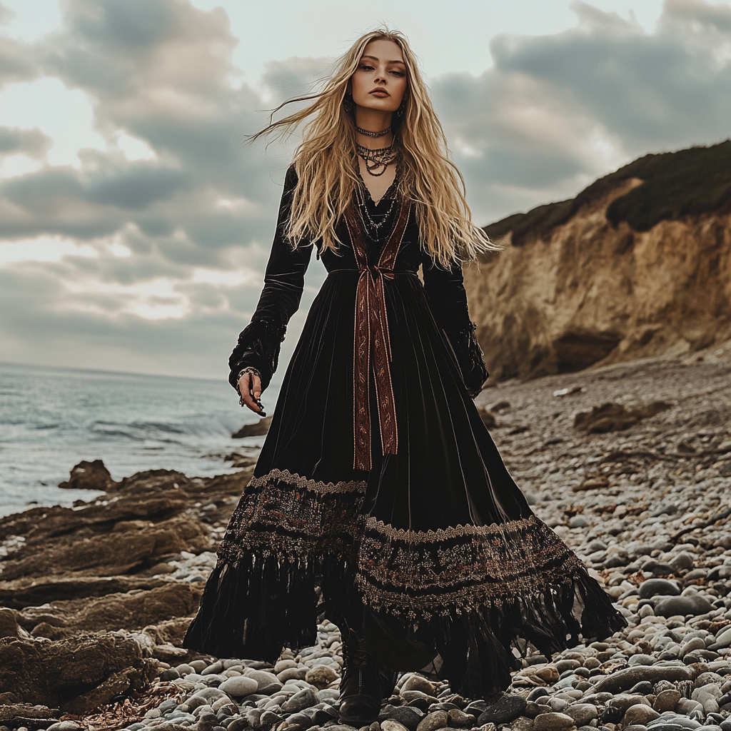 Breezy Bohemian Beach Vacation Autumn And Winter Velvet Ethnic Style Fluttering Dress