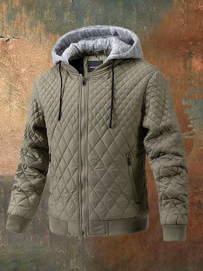 Men's Fall/Winter Casual Zip Up  Quilted Plaid Detachable Hat Puffer Jacket