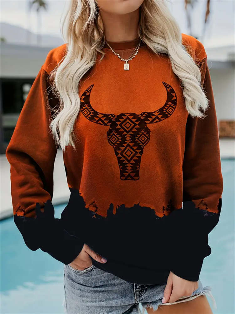 Vintage Bull Head Print Women's Crew Neck Sweatshirt