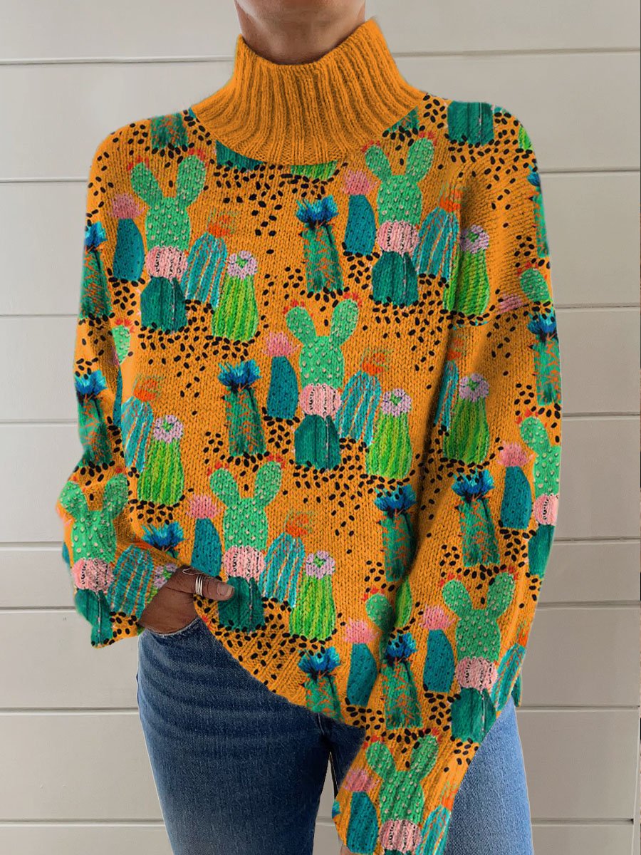 Cactus Blossom Printing Knit Turtleneck Pullover Sweater