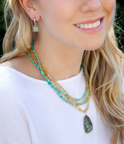 Barse Blue Turquoise and Yellow Citrine Multi-Layer Golden Necklace