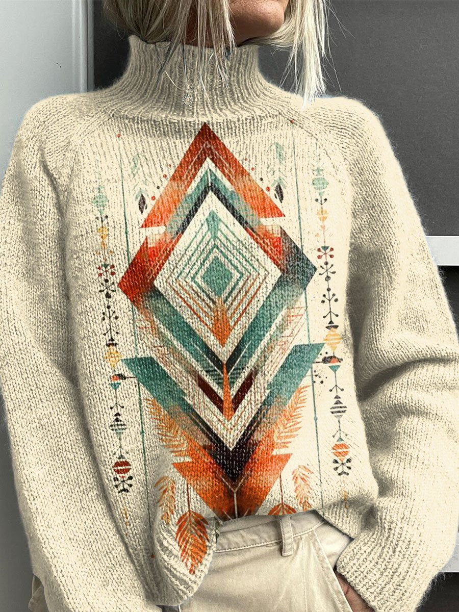 Tribal-Aztec Art Print Knit Turtleneck Pullover Sweater