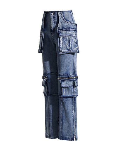 Straight Slim Denim Trousers With Sewn Large Pockets