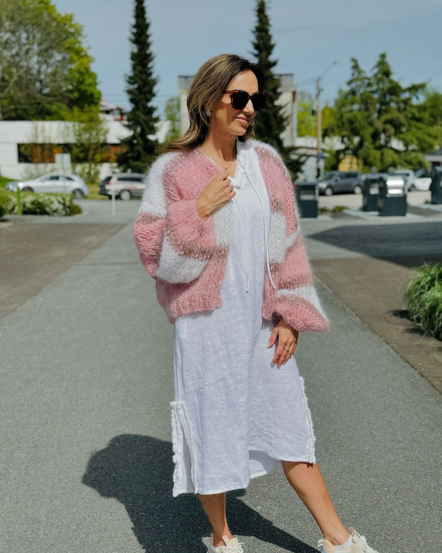 Loose Cardigan Pink and White Knitted Sweater