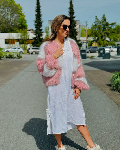 Loose Cardigan Pink and White Knitted Sweater