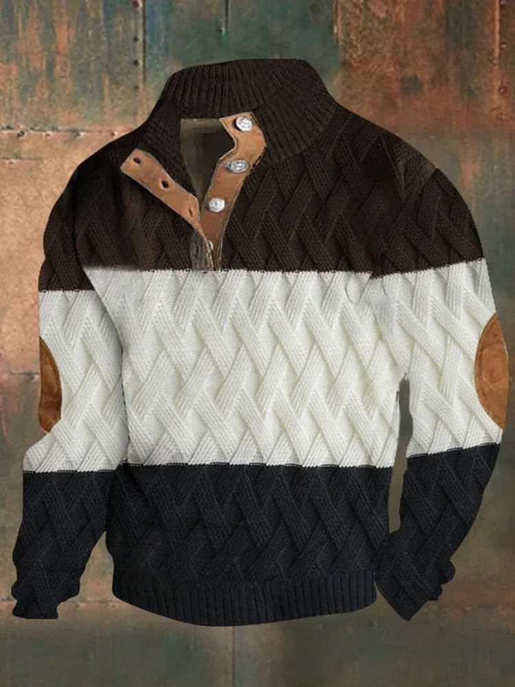 Men's Western Color Block Art Print Stand Collar Button Sweatshirt