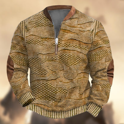 Men's Vintage Western Knit Print Zipper Stand Collar Casual Sweatshirt