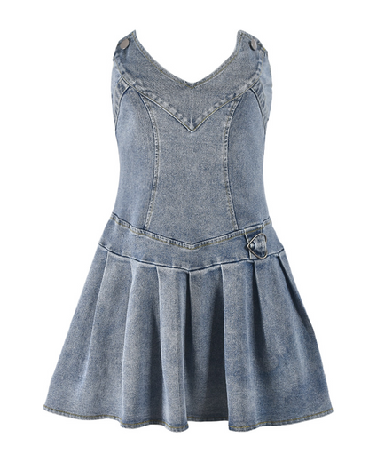 Stretch Denim Chest Wrap Sexy Pleated V-Neck Denim Dress