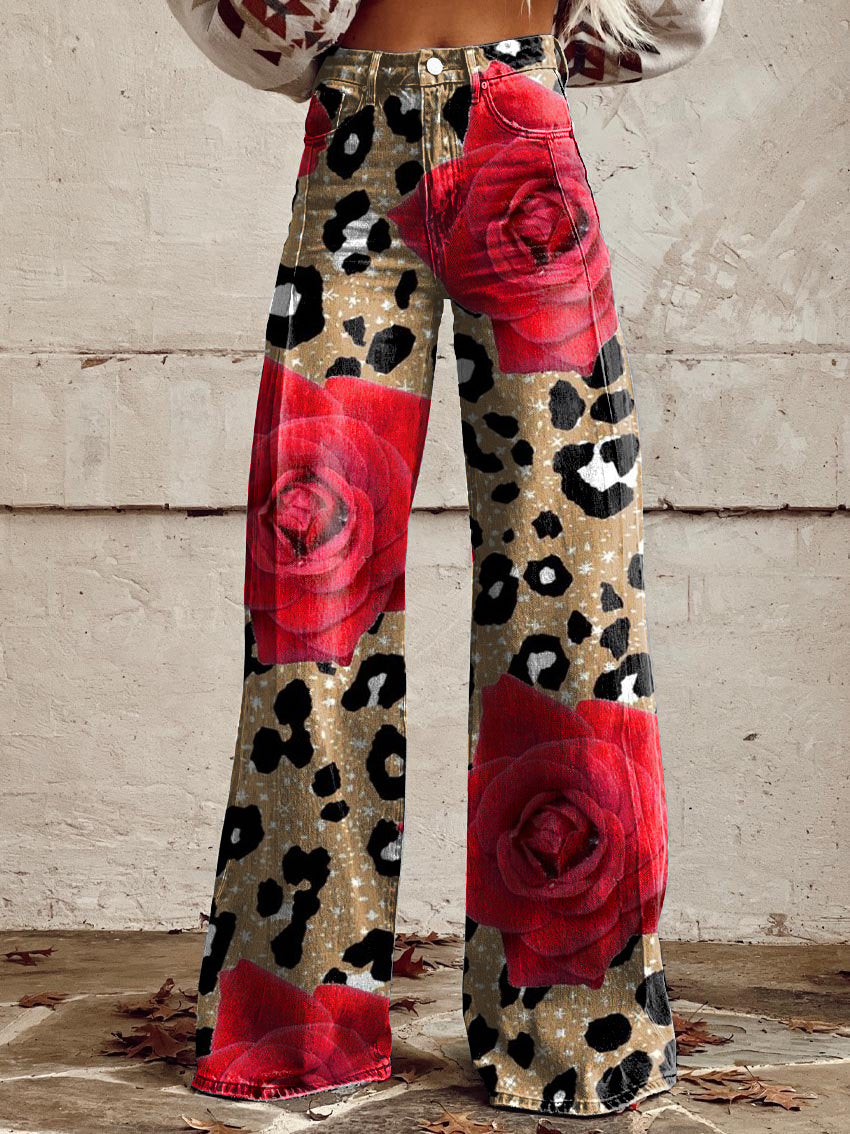 Women's Vintage Leopard Floral Print Casual Wide Leg Pants