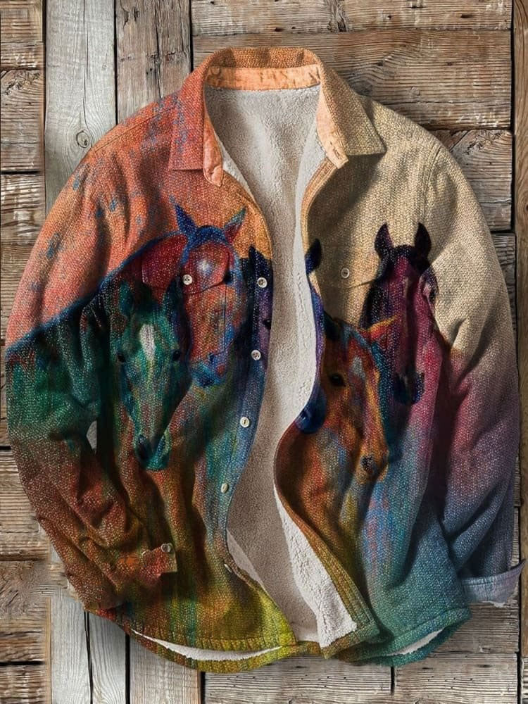 Retro Gradient Horse Art Print Casual Denim Jacket