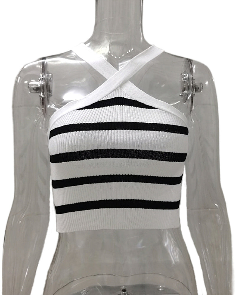 Striped Cross Halterneck Sexy Knitted Tube Top Outer Vest