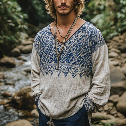 Men's Bohemian Holiday Style Vintage Printed Casual Long Sleeve Top