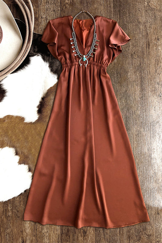 Gorgeous Overlapping V-Neck Satin Short Sleeve Maxi Dress