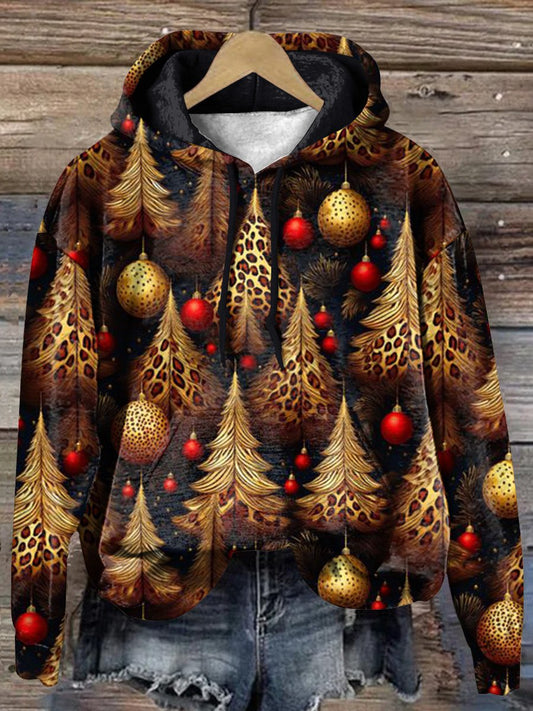 Vintage Decorated Leopard Christmas Tree Art Print Casual Hoodie Sweatshirt