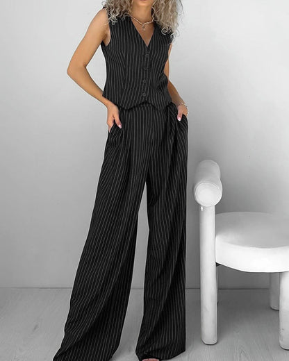 V Neck Sleeveless Vest Mid Rise Slim Wide Leg Pants Two Piece Set