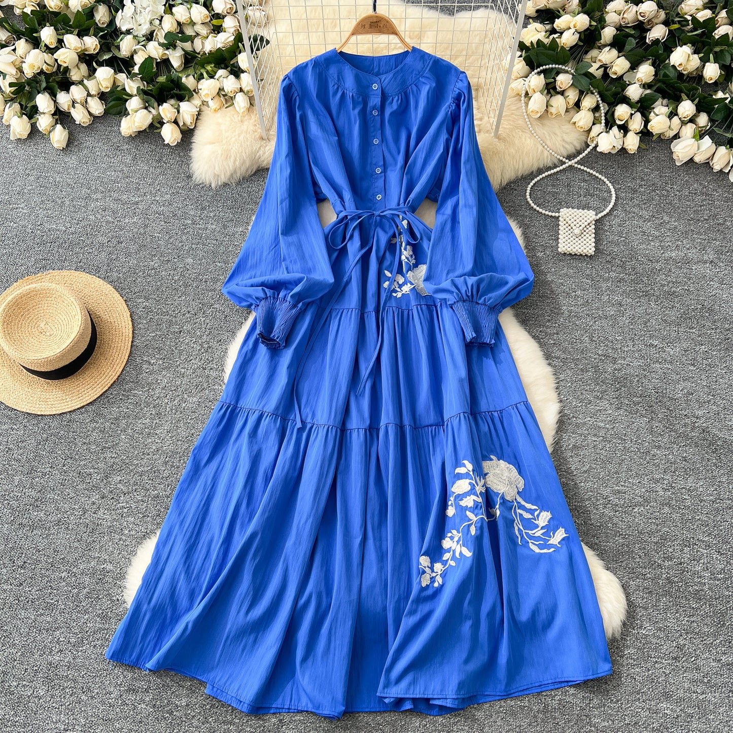 Waist-slimming Single-breasted Temperament Rose Embroidery Long Dresses