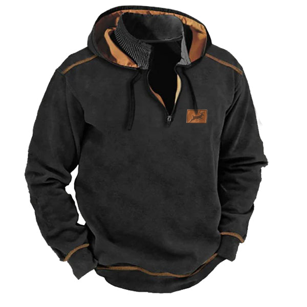 Men's Vintage Country Elk Hunting Contrast Zip-Up Stand Collar Patchwork Hooded Sweatshirt