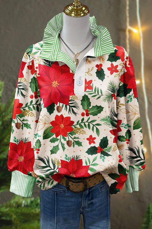 Classic Christmas Flowers Print Puff Sleeve Blouse