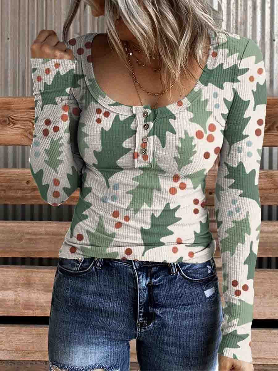 Women's Christmas Tree Print  Comfortable Cotton Henley Shirt